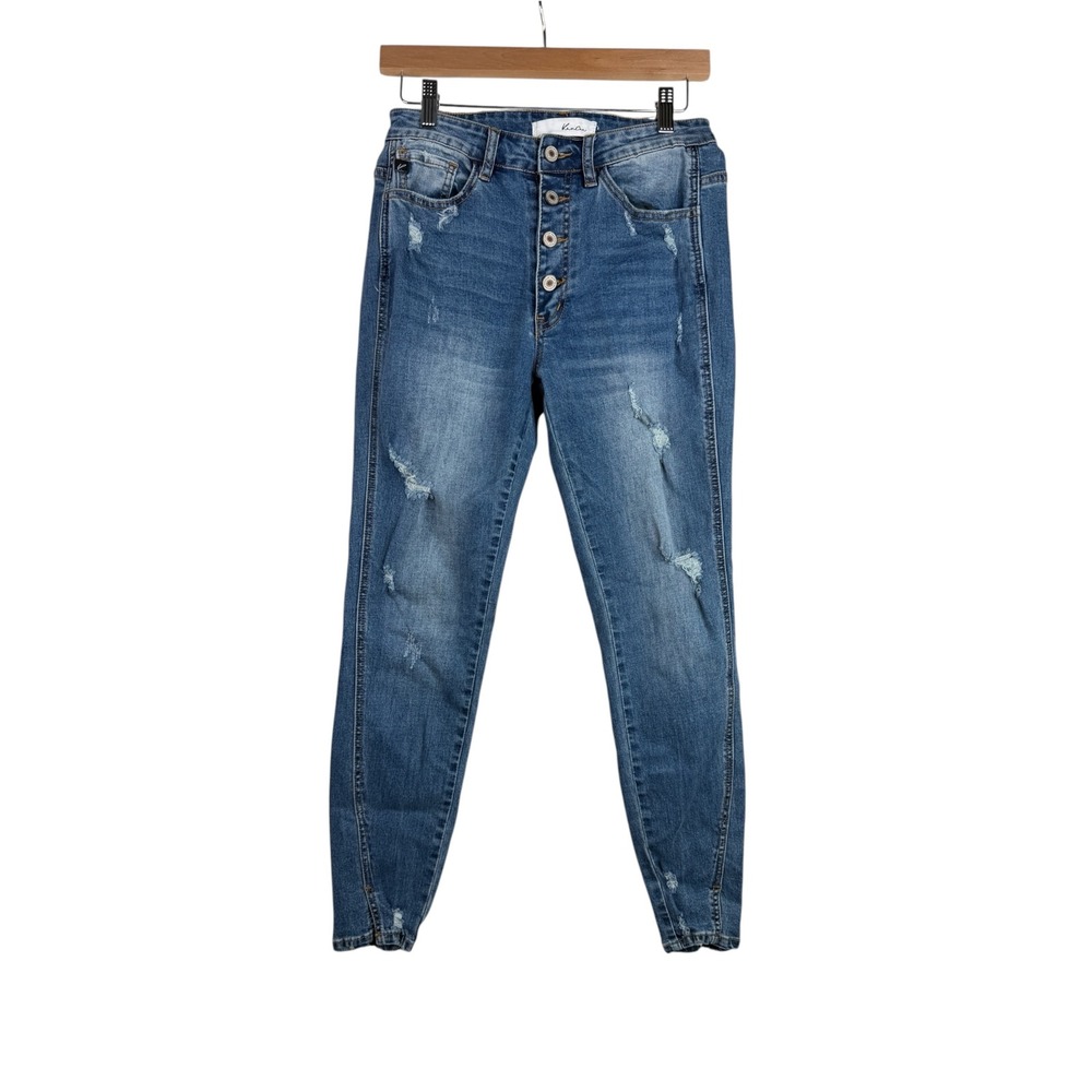 KanCan Jeans Women's 9/28 Blue Stretch Denim Skinny Ankle Distressed Button Fly